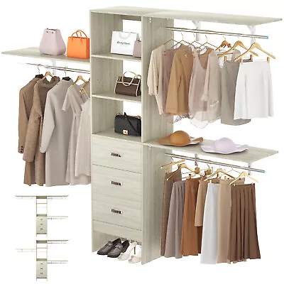 96  Closet Organizer System Heavy Duty Clothes Rack With 3 Drawers White Oak • $259.99