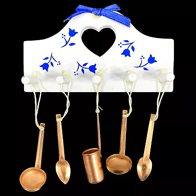 Miniature 5 Pc Metal Copper Hanging Utensils W Wood Rack Dollhouse Country Heart • $11.80