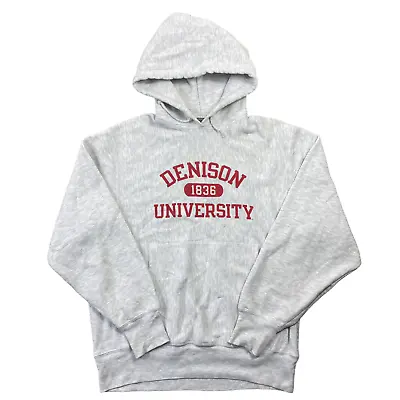 Champion Grey Hoodie Denison University Reverse Weave Sweatshirt Mens Small • £39.99