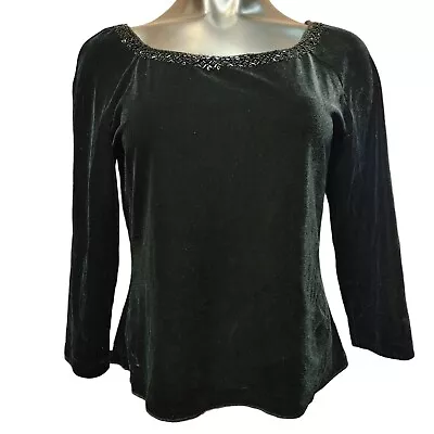 J.R Nites By Caliendo Women's Black Velvet Rouched Neck Long Sleeve Top LG • $24