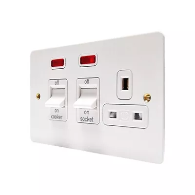 MK Edge White Metal 45A Cooker Switch + 13A Socket DP Neon K14361WHIW BRAND NEW • £49