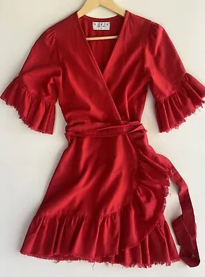 SOFIA The Label Ladies Sz 8 Handmade 100% Linen Red Wrap Dress Tie Frayed Edge • $49