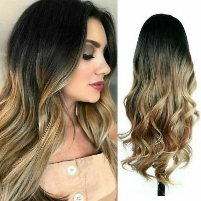 23  Golden Brown To Gold Ombre Long Wavy Curly Blonde Wig Women's Synthetic Hair • $14.98