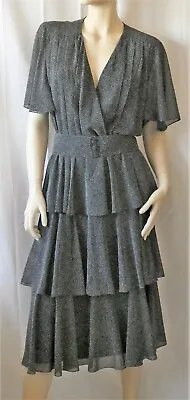 £45 • Buy Vintage 1980s/80s Simon Ellis Tiered Dress, Flutter Sleeves Black Polka Dot UK10