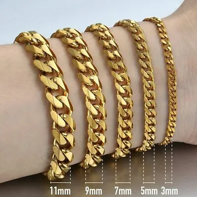 Men's Gold Plated Stainless Steel Curb Cuban Chain Link Bracelet 3/5/7/9/11 Mm • $7.80