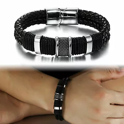 Mens Bracelet Leather Black Wristband Stainless Steel Clasp Jewellery Gift UK • £3.45