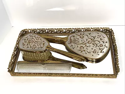 Vintage Vanity Dresser Set Gold Filigree Hair Brush Hand Mirror Comb • $44.99