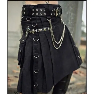 Custom Made Black Steampunk Gothic Kilt Heavy Duty Cotton Utility Kilt For Men • $55