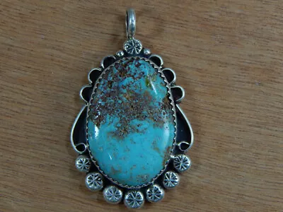 Vintage Handmade Pre-Owned Navajo Silver Turquoise Pendant Artist Signed PR  • $200