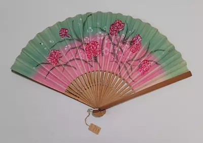 Vintage CHINESE PAPER HAND FAN - Hand Painted Flowers - Pink & Green - Has Tag • $7.99