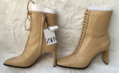 Bnwt Zara Lace High Heel Genuine Leather Ankle Boots Uk 6 Eur 39  Rrp £95.99 • £50