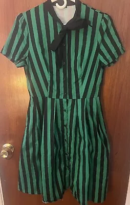 Retro Black And Green Striped Print Dress Dance Halloween Costume W/pockets L • $12.99