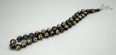 Islamic Old Black Coral Silver Inlaid 33 Worry Round Beads Masbaha Crescent  • $199