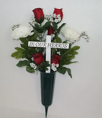 Handmade Cemetery Red And White Flowers In Vase With  In Our Hearts  Cross • $34