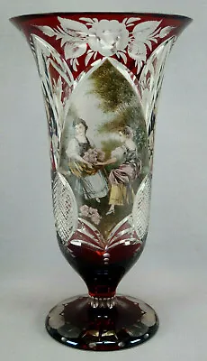 19th Century Bohemian R Wurtig Ruby Hand Painted Watteau Scene Cut Crystal Vase • $1195