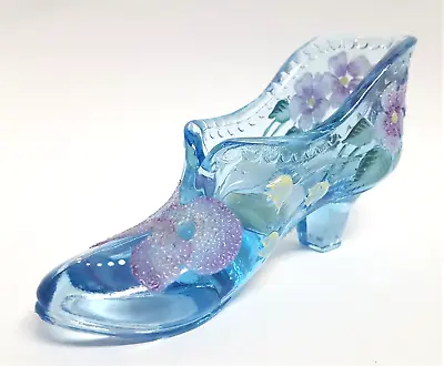 $42.24 • Buy FENTON 95th Anniv Hand Painted Blue Glass Flower Slipper Shoe By T. Christopher