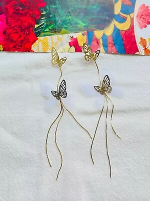 Long Double White Openwork Butterfly Tassel Elegant Drop Clip On Earrings Gold • $75.76