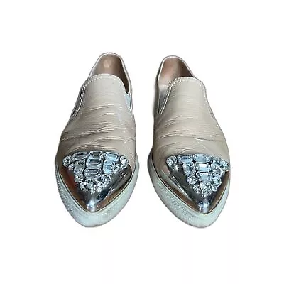 MIU MIU Tan Patent Crystal Embellished Point Toe Loafer Shoes Women's Size 38.5 • $165