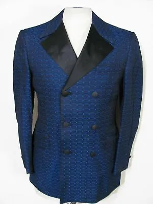 Vintage 70s METALLIC BLUE BROCADE DBL-BREAST TUXEDO JACKET Smoking Blazer S 35S • $149.99