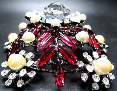 LAWRENCE VRBA Huge 4  Red & Ice Rhinestone Faux Pearl Dome Vintage Pin Brooch • $399.99