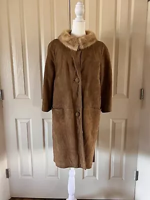 Vintage 50s 60s Womens S Long Suede Leather Jacket Mink Fur Collar Swing Coat • $125