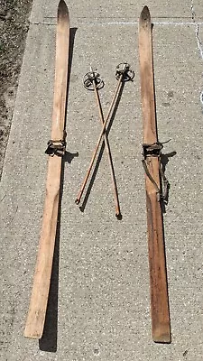 Vintage Wood Skis With Poles 79  Wooden Antique Decorative Cabin Lodge Rare • $149.99