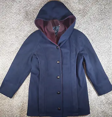 VTG MacKintosh Navy Blue Lined Heavy Coat W/Hood Wine Warm 100% Wool Sz 6 8 • $32.87