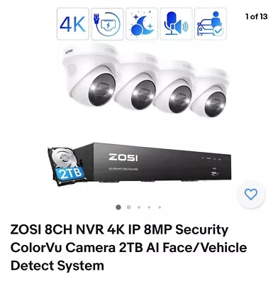 ZOSI 8CH NVR 4K IP 8MP Security ColorVu Camera 2TB AI Face/Vehicle Detect System • $216.92