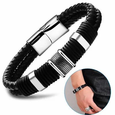 Men's Stainless Steel Leather Bracelet Magnetic Silver Clasp Bangle Black • £3.49