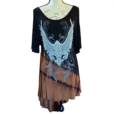 Vocal L Western Boho Rhinestone Stud Embellished Tie Dye Tunic Tank Dress • $38