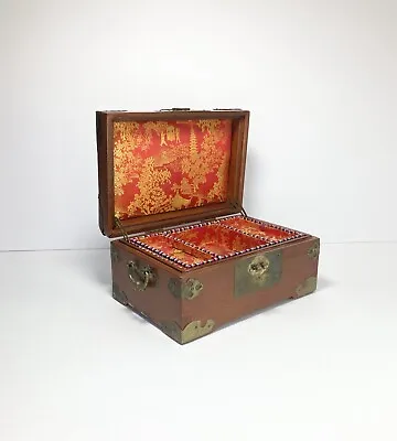 Vintage Chinese Rose Wood Jewelry Box W/Brass & Jadeite Inlay 8” Red Silk Lining • $49.99