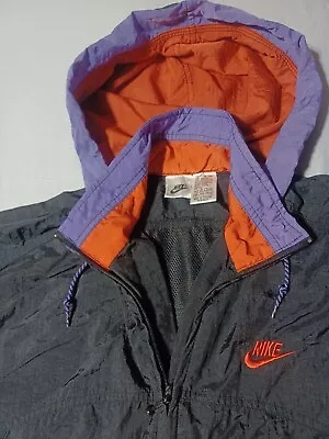 Vintage 1990s 1980s 80s 90s Nike Swoosh Hooded Zip Up Windbreaker Grey Tag L XL • $50