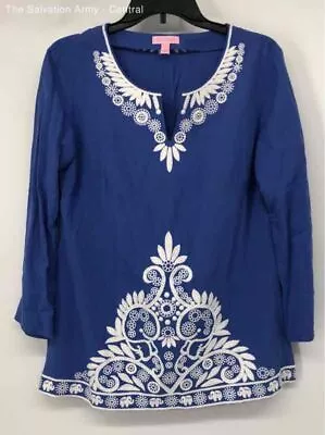 Lilly Pulitzer Womens Blue White Split Neck Embroidered Tunic Blouse Top Size S • $7.99