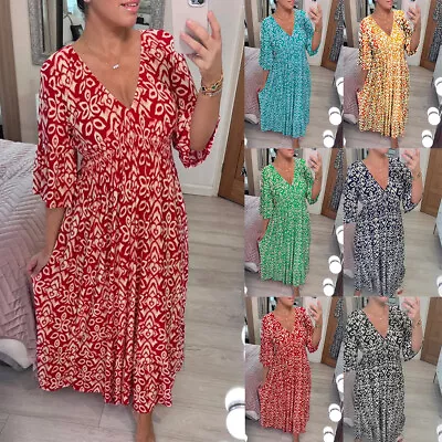 Womens Holiday Maxi Dresses Summer Beach Loose V-Neck Swing Dress Plus Size 6-20 • £4.19