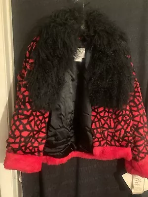 Elam Red & Black Dyed  Rabbit Fur Coat Womens Medium Fluffy Collar New W Tags • $159.95