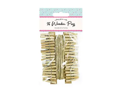 36 Mini Wooden Pegs With 2M Jute String Arts Crafts Hanging Photo Clips • £2.89