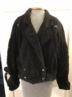 Vintage Leather Fringe Jacket 90s Black Southwestern Punk Metal Rocker Jacket • $24