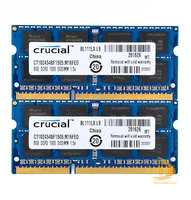 Crucial 2x 8GB DDR3 1600Mhz PC3-12800 RAM Laptop Memory F 2012 MacBook Pro A1278 • £16.79