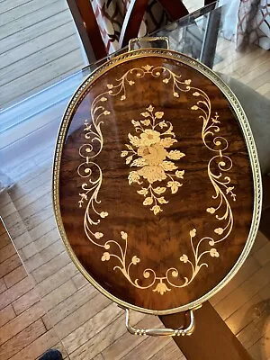 Italian Inlaid Oval Wood Tray Marquetry With Brass Gallery And Handles 20” X 12” • $52