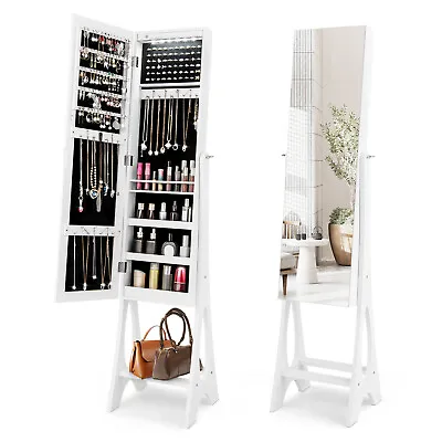 LED Standing Mirror Jewelry Cabinet Makeup Armoire Jewelry Organizer With Shelf • £74.95