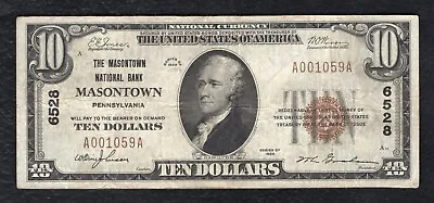 1929 $10 Masontown National Bank Masontown Pa National Currency Ch. #6528 • $299.95