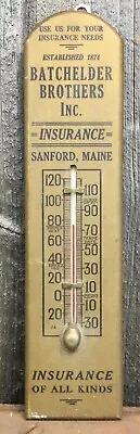 Vintage BATCHELDER Bros Insurance Sanford Maine Wood Advertising Thermometer • $125