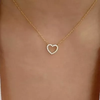 Gold Necklace Zircon Pendant Hollow Love Heart Stacking For Women/Girls • £3.49