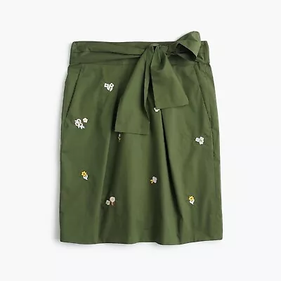 J.Crew Olive Green Floral Embroidered Short Skirt Tie Waist Size 00 Cotton • $7