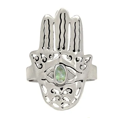 Hamsa Hand - Natural Aquamarine - Brazil 925 Silver Ring Jewelry S.8.5 CR35405 • £9.64