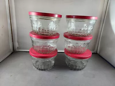 Lot Of 6 Vintage Kerr Jelly Glass Jam Jars With Red Metal Lids Ribbed Clear • $28.99