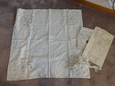 Vtg Stamped Linen Tablecloth 28  Embroidered PROGRESS CO Instructions 1/2 Done • $19.99