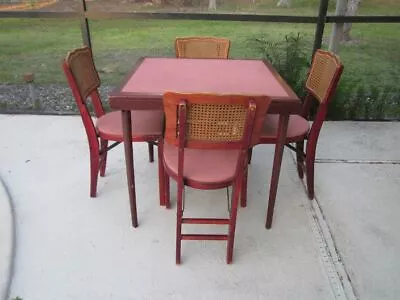 Vintage Mid-Century Stakmore Card Table With 4 Stakmore Folding Cane Back Chairs • $999