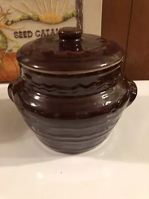 Marcrest Stoneware Bean Pot Crock & Lid Daisy Dot Oven Proof Brown Glazed MCM • $35