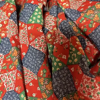 Vtg 70s Cheater Quilt Look Fabric Red Blue Green Calico BTHY Half Yard X 44  W • $12.99